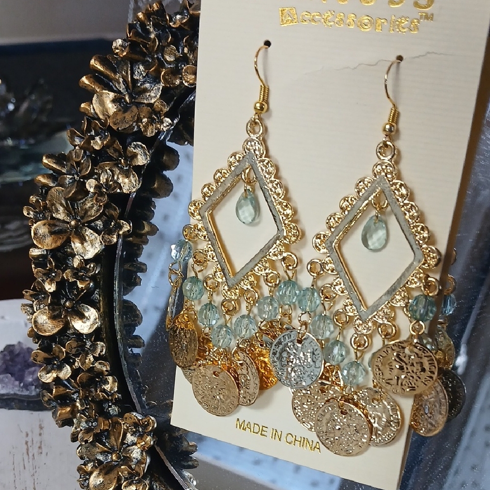 New Women's Gold And Aqua Long Boho Dangle Statement Earrings